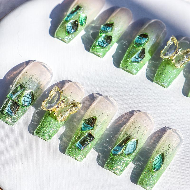 Designer: XinXin 72.Green Shining long T handmade nails Press on Nails DIY Nail