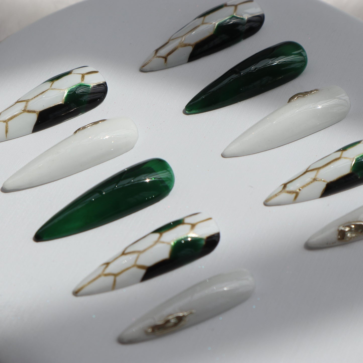 Designer: XinXin 23. Snake pattern green almond handmade nails Press on Nails DIY Nail Art