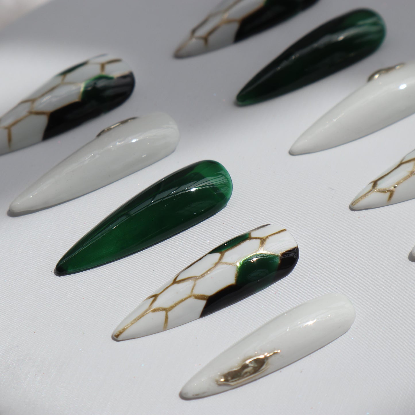 Designer: XinXin 23. Snake pattern green almond handmade nails Press on Nails DIY Nail Art