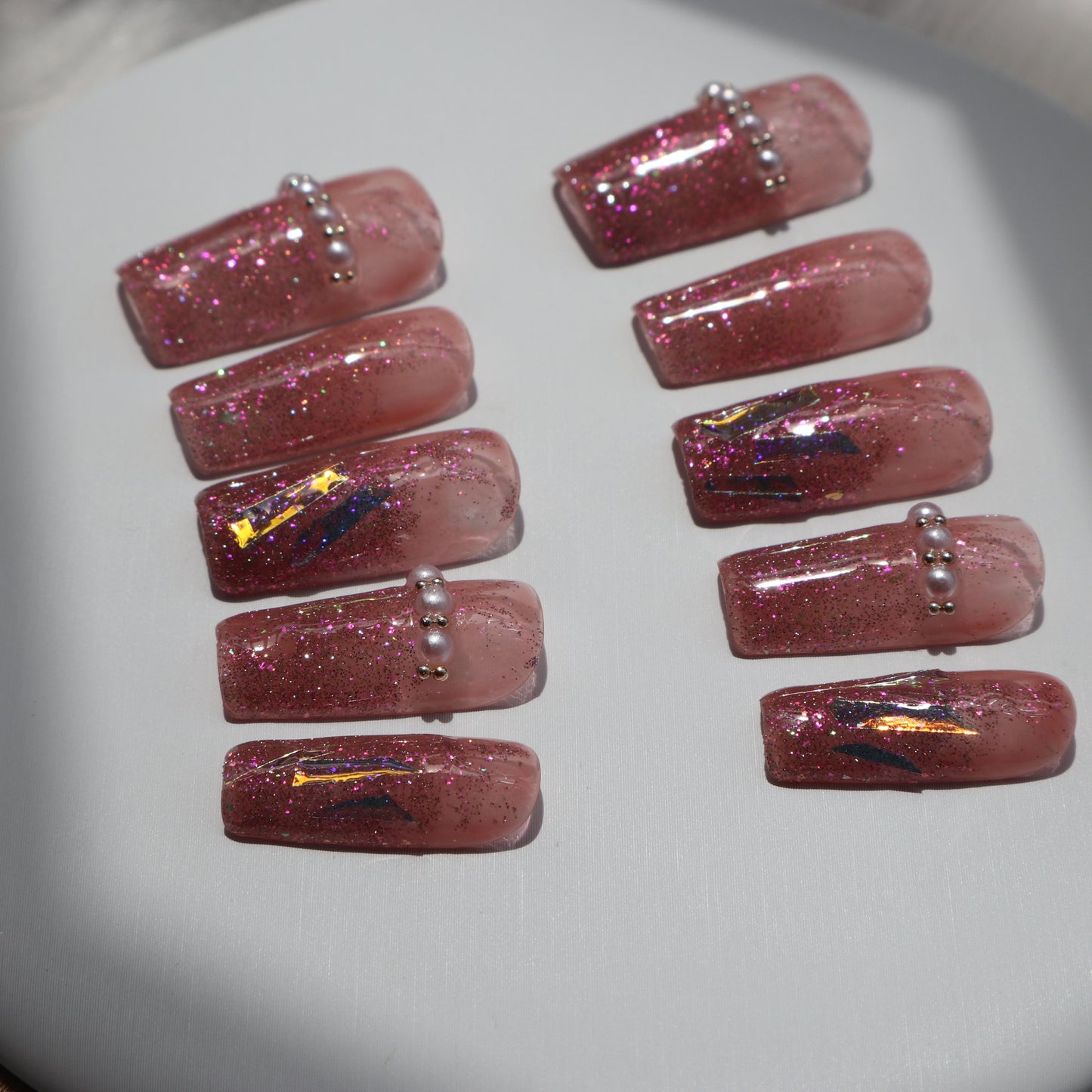 Designer: XinXin 34.Pink Shining long square handmade nails Press on Nails DIY Nail Art