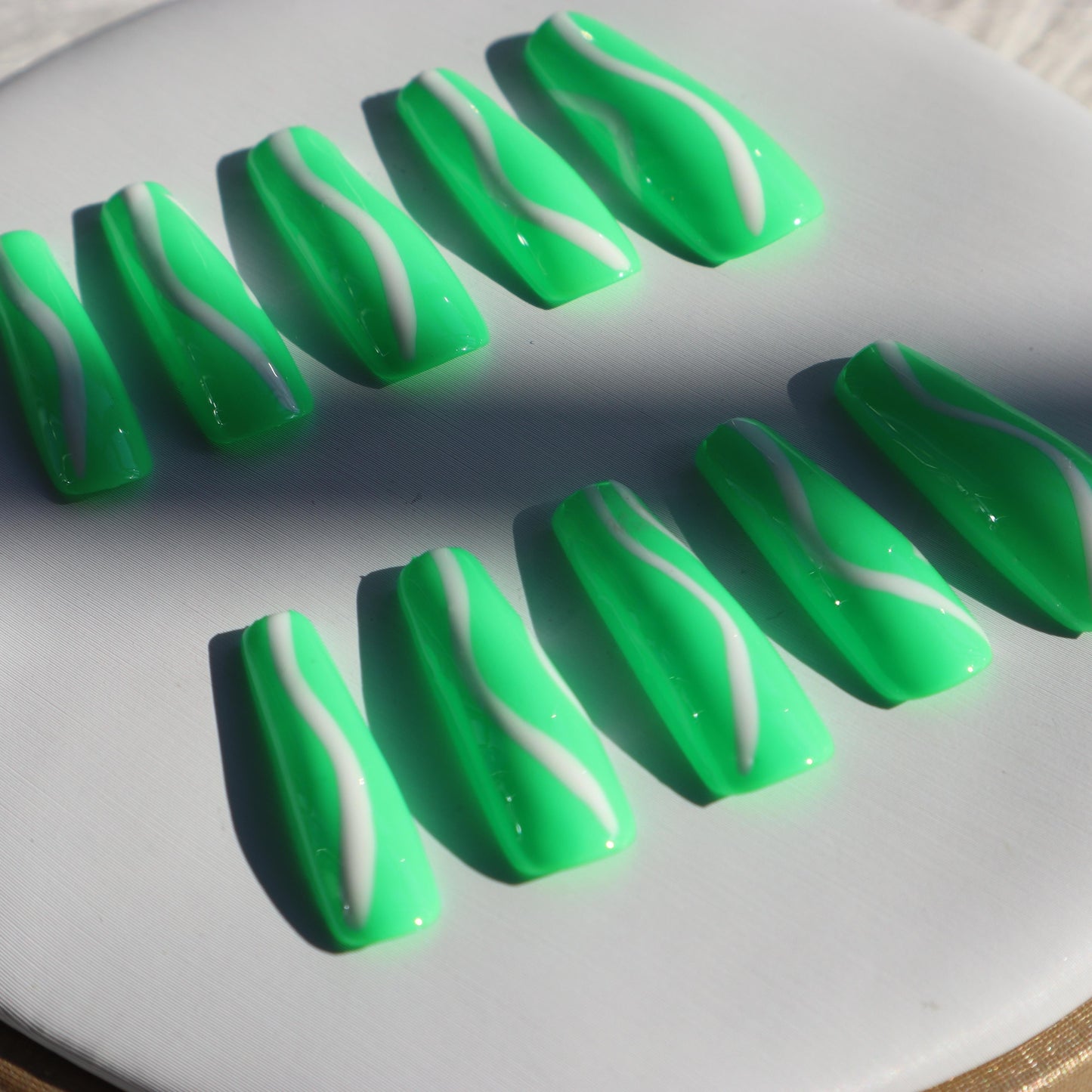 Designer: XinXin 84.Fluorescent green matt long T handmade nails Press on Nails DIY Nail