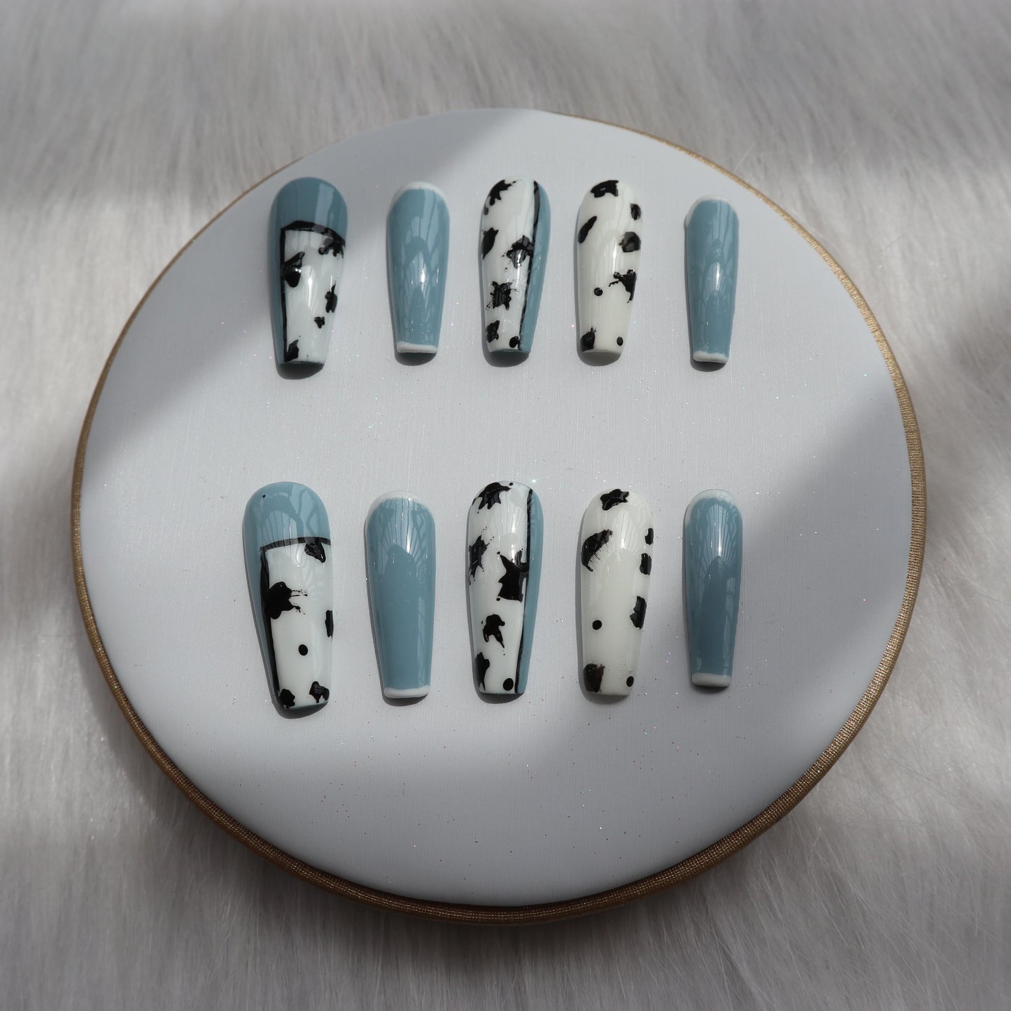 Designer: XinXin 18. Blue white cow pattern painting Long T  handmade nails Press on Nails DIY Nail Art