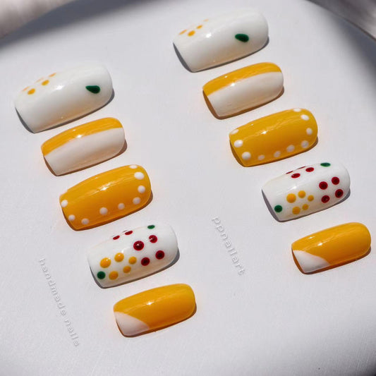 Designer: XinXin 12. Yellow white spot handmade nails Press on Nails DIY Nail Art