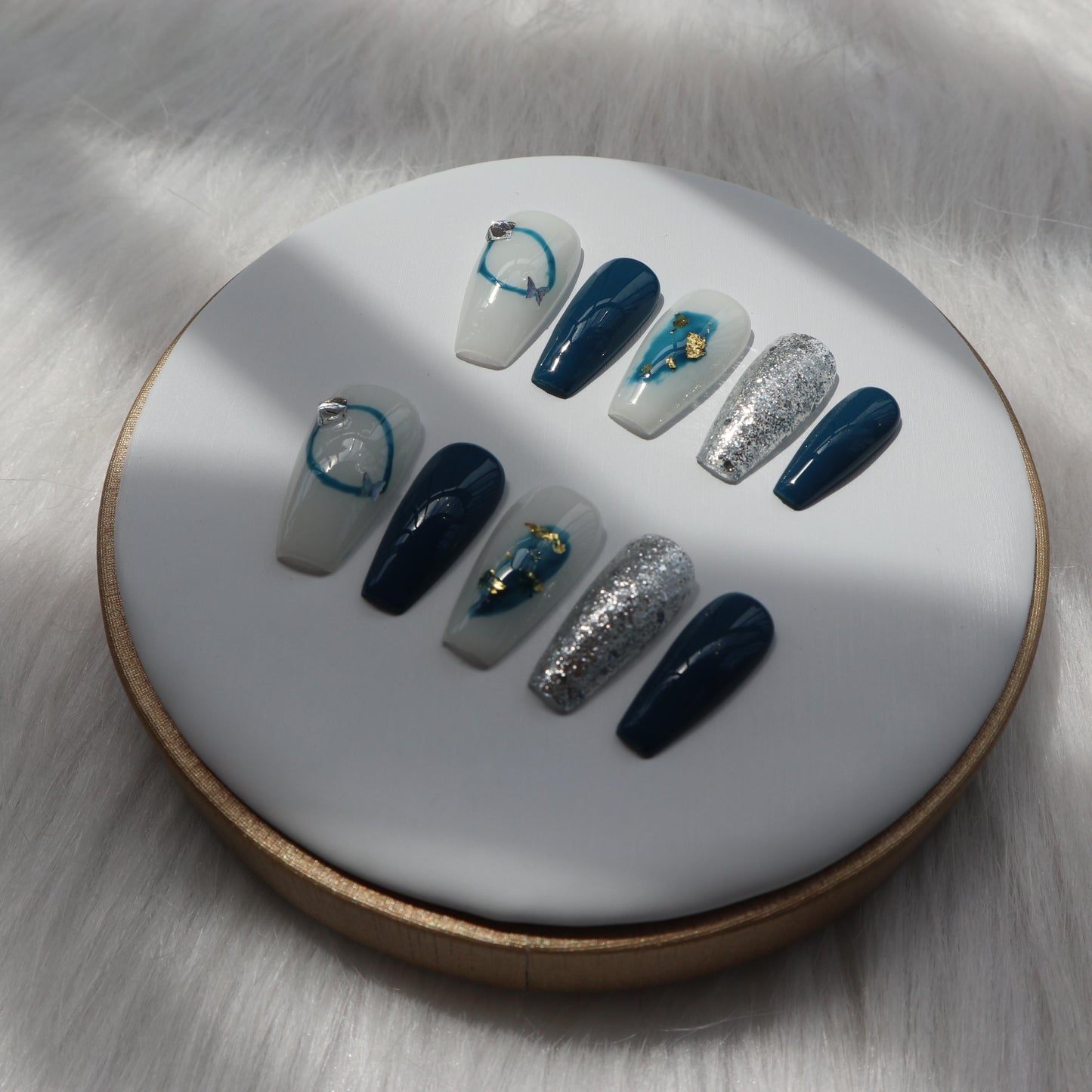 Designer: XinXin 16. Paiting blue shining gold foil handmade nails Press on Nails DIY Nail Art