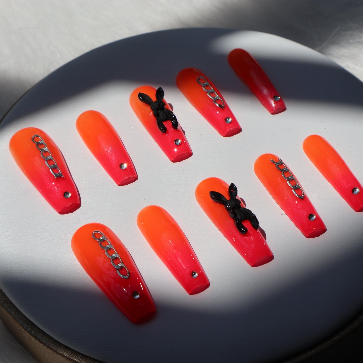 Designer: XinXin 82.Fluorescent orange  bunny rhinestone long T handmade nails Press on Nails DIY Nail