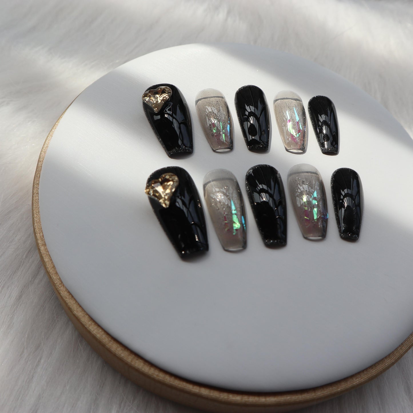 Designer: XinXin 30.Black gold foil heart handmade nails Press on Nails DIY Nail Art