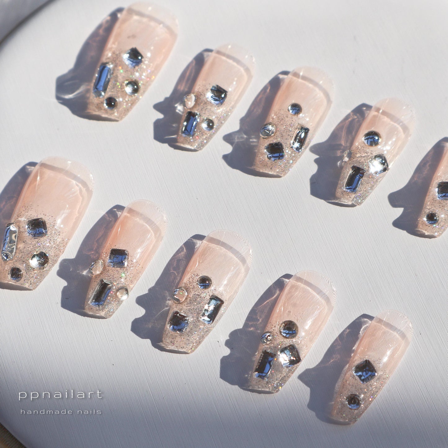 Designer: XinXin 51.Pink shining rhinestones handmade nails Press on Nails DIY Nail