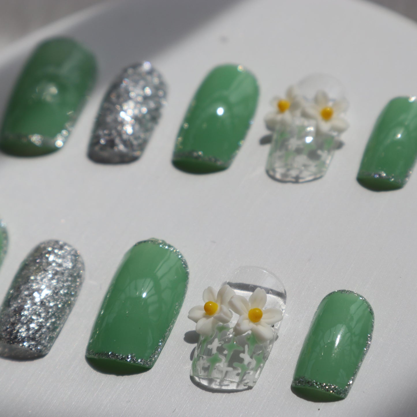 9. Light Green 3D flowers long handmade nails