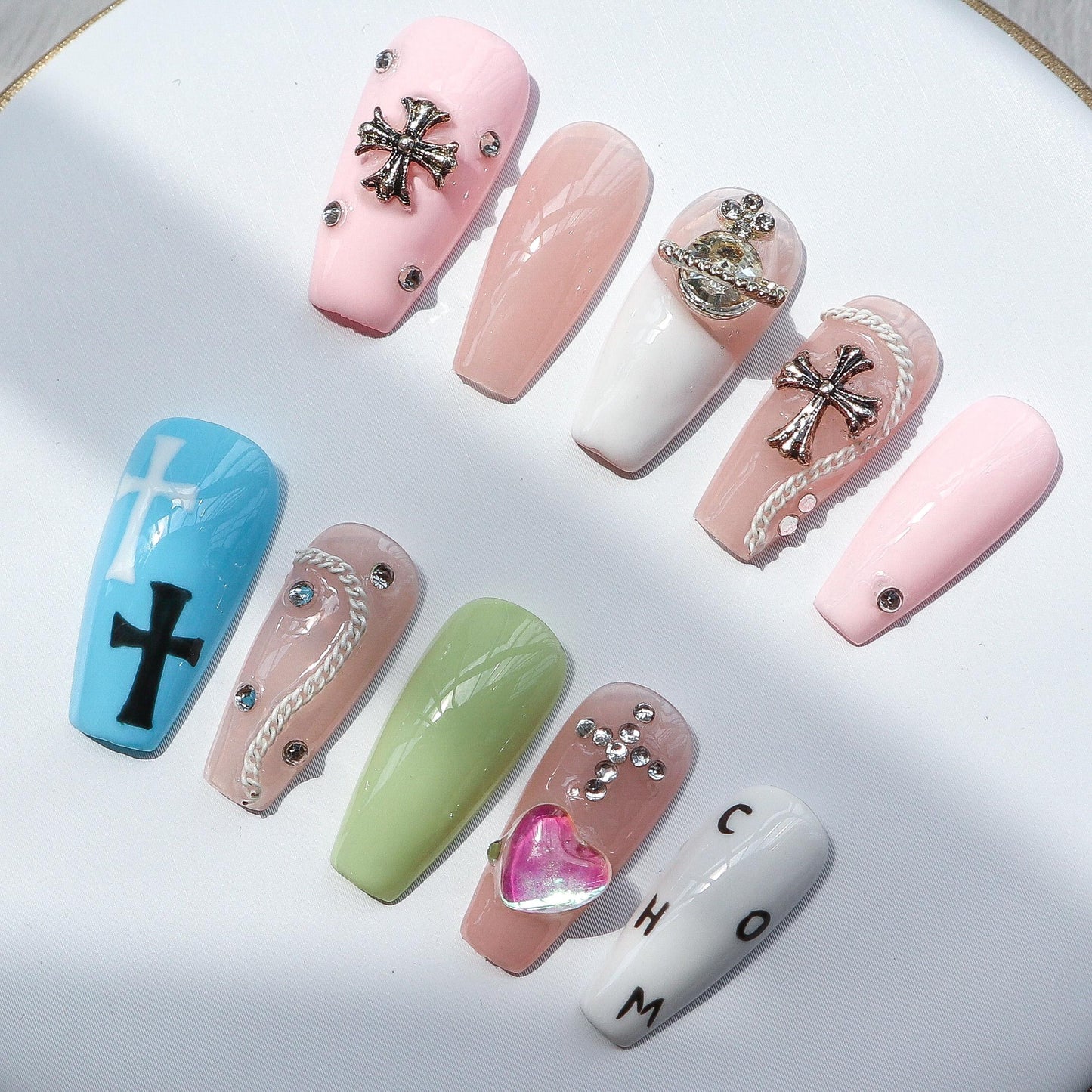 Designer: XinXin 38.Goth chrome cross heart colourful handmade nails Press on Nails DIY Nail Art