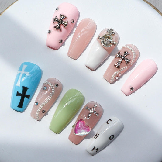 Designer: XinXin 38.Goth chrome cross heart colourful handmade nails Press on Nails DIY Nail Art