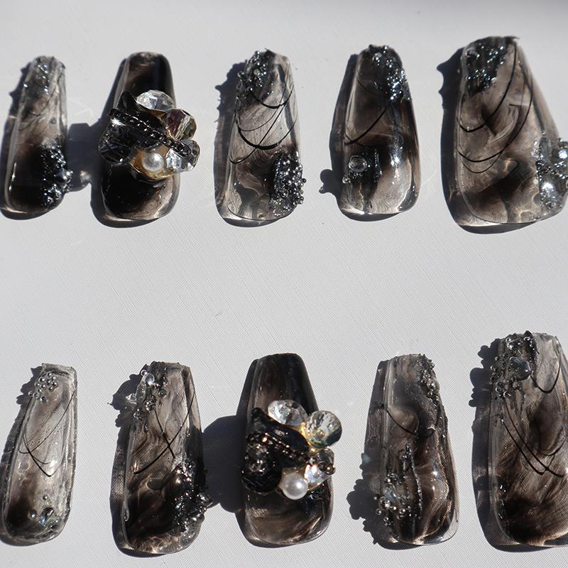 Designer: XinXin 56.Black transparent handmade nails Press on Nails DIY Nail