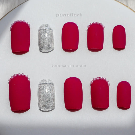 Designer: XinXin 2.Rose red short square nails handmade nails Press on Nails DIY Nail Art