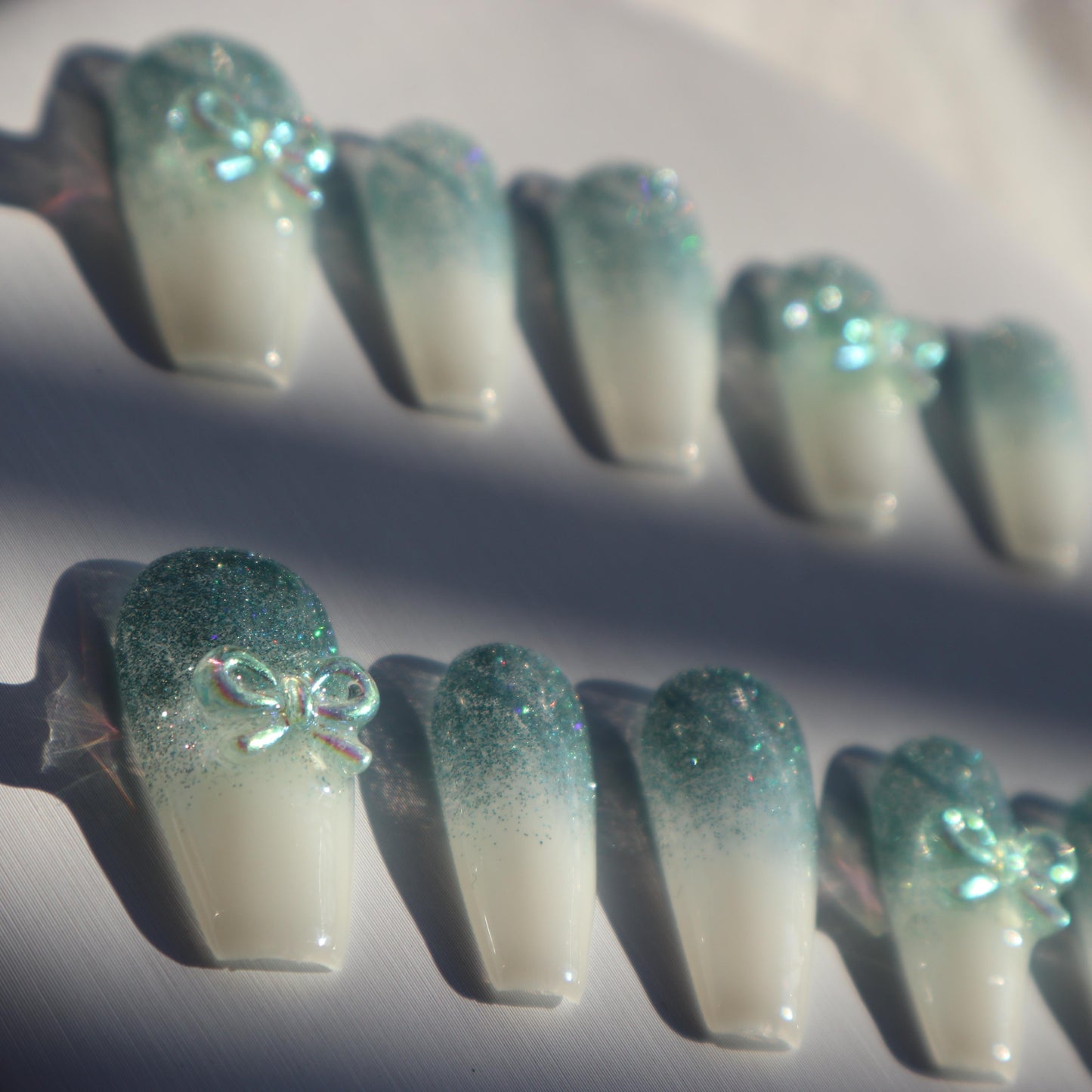 Designer: XinXin 63.Gradient green long T handmade nails Press on Nails DIY Nail