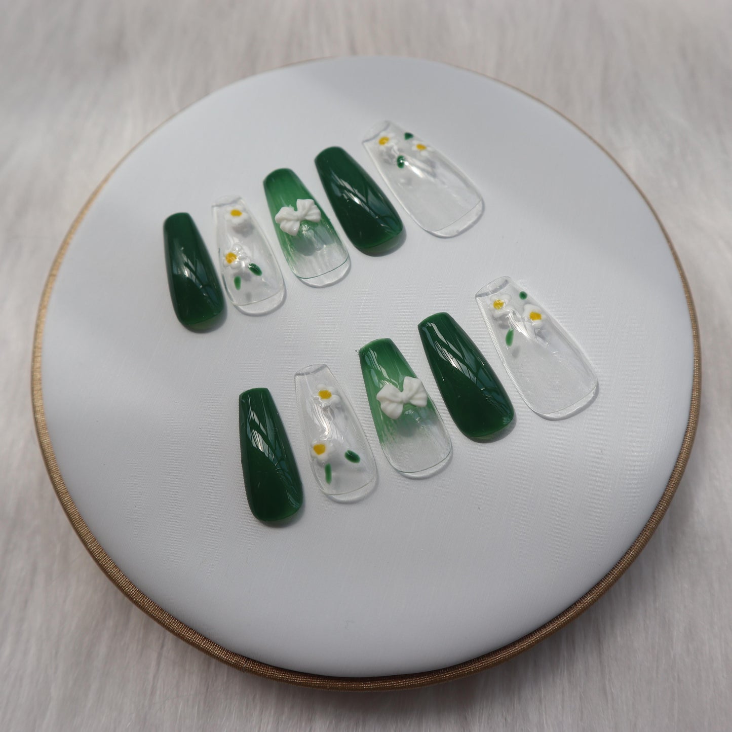 Designer: XinXin 8. Green clear flowers bow tie long T handmade nails