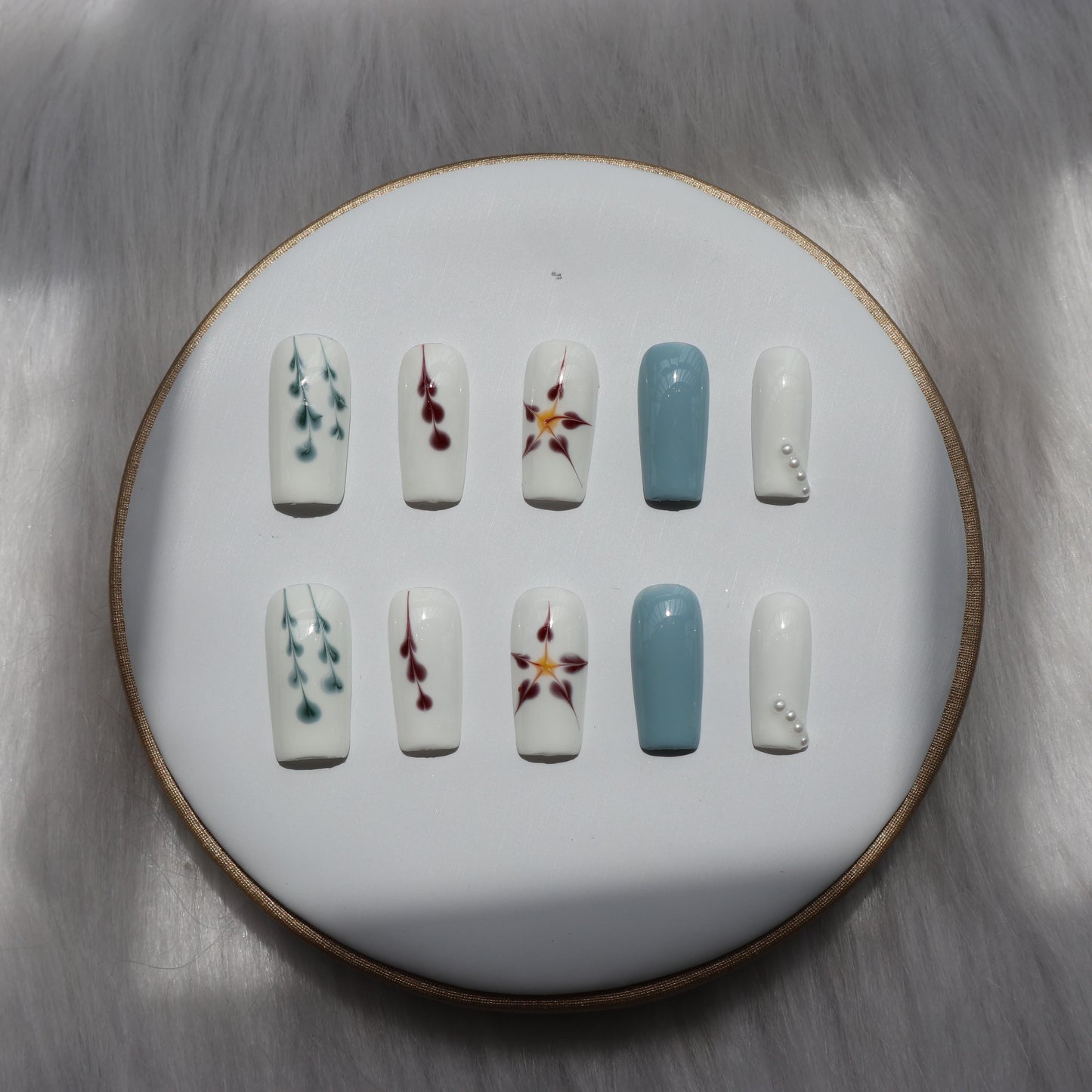 Designer: XinXin 19. Paiting blue White handmade nails Press on Nails DIY Nail Art