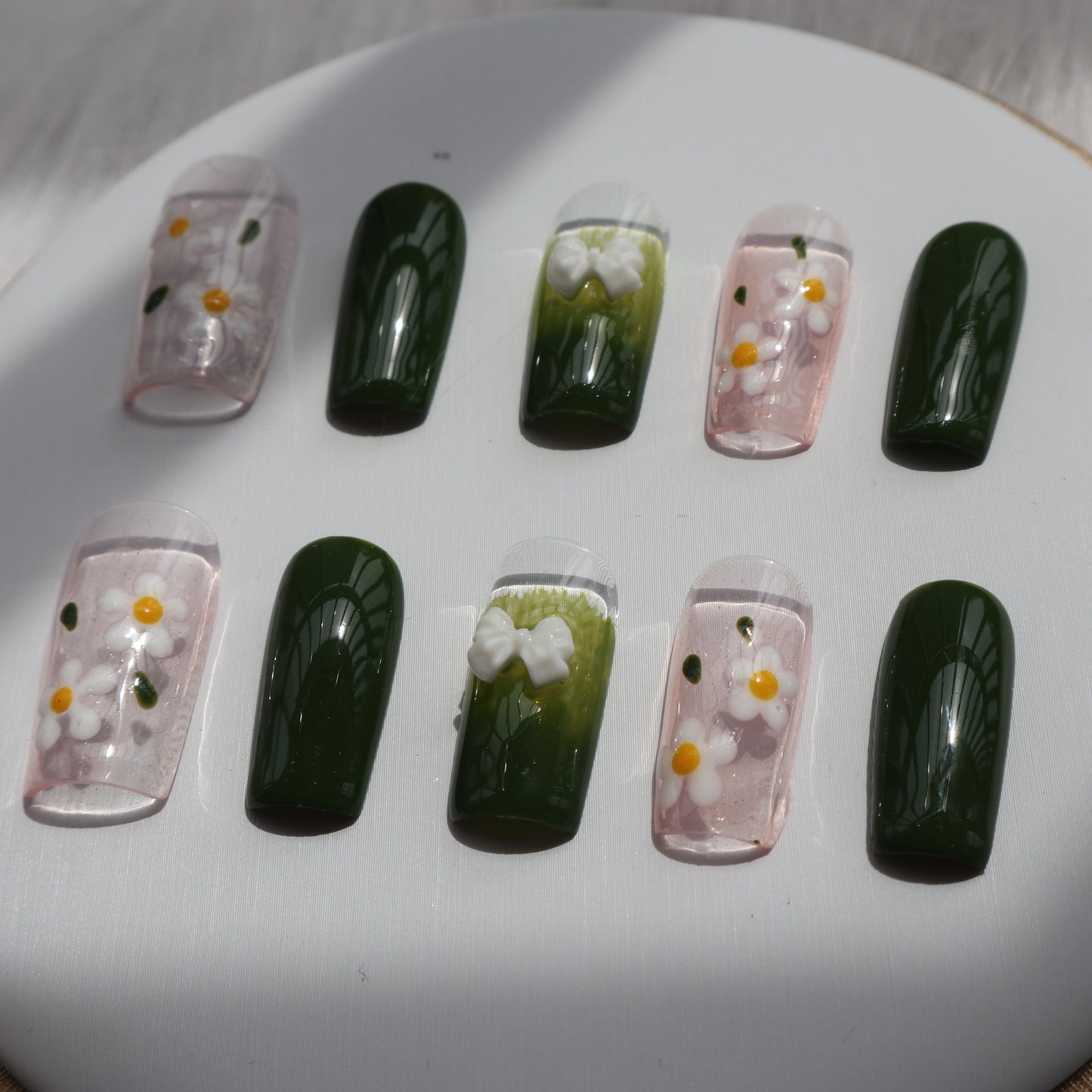 Designer: XinXin 7. Green Pink flowers long handmade nails