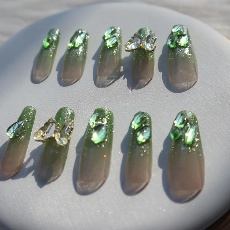 Designer: XinXin 72.Green Shining long T handmade nails Press on Nails DIY Nail