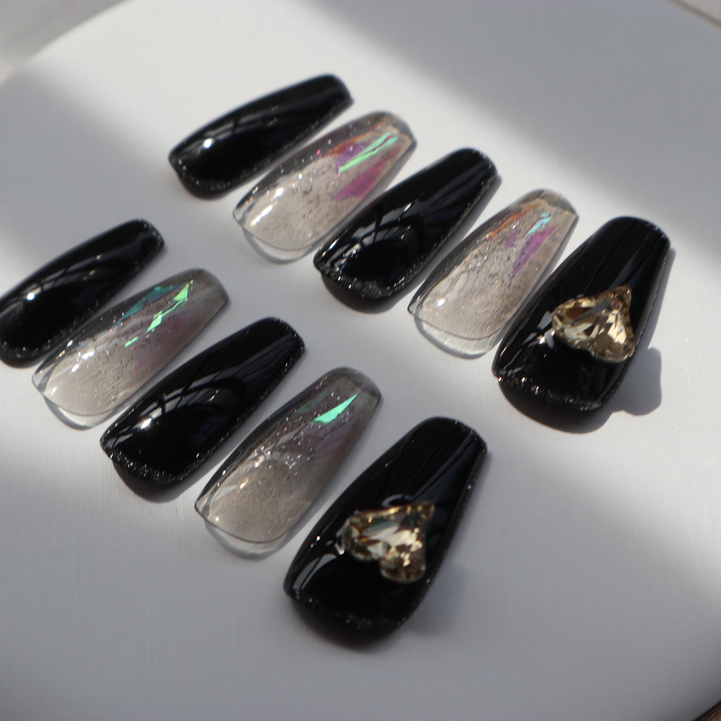 Designer: XinXin 30.Black gold foil heart handmade nails Press on Nails DIY Nail Art