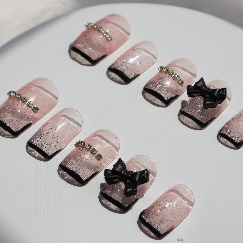 Designer: XinXin 37.Pink rhinestones black bow-knot short  handmade nails Press on Nails DIY Nail Art