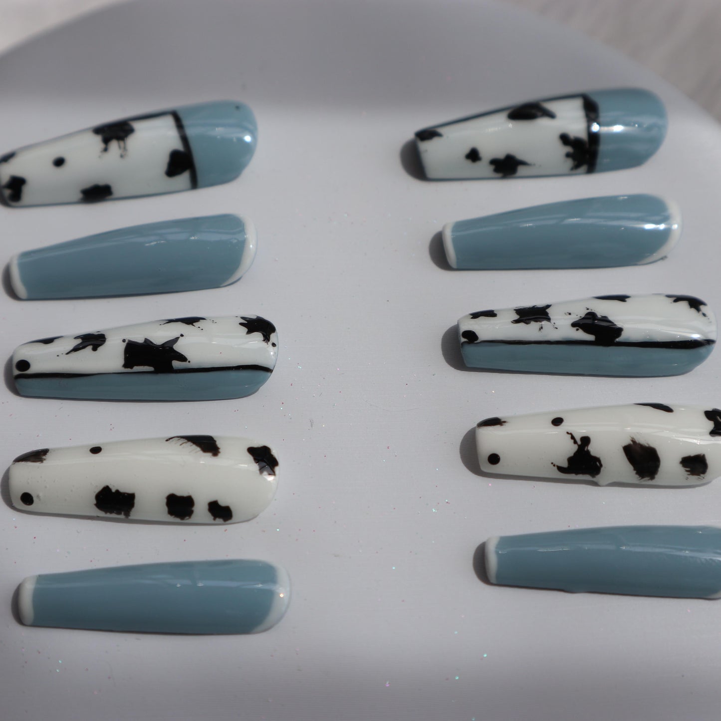 Designer: XinXin 18. Blue white cow pattern painting Long T  handmade nails Press on Nails DIY Nail Art