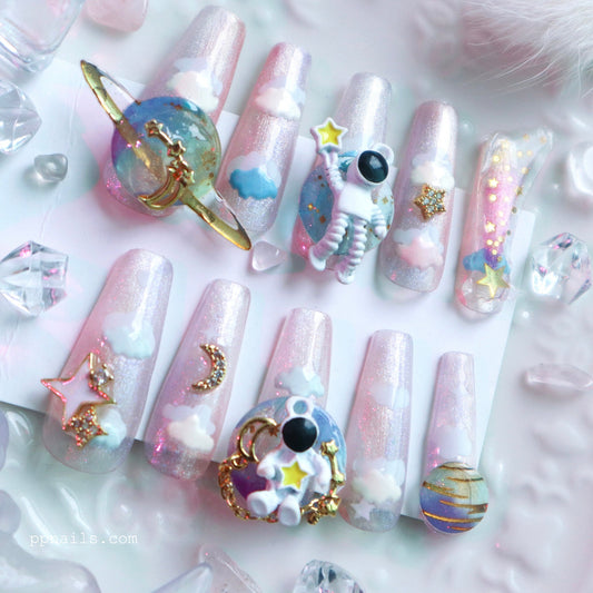 Designer: XinXin 100. Astronaut in pink Galaxy. handmade nails Press on Nails DIY Nail Art