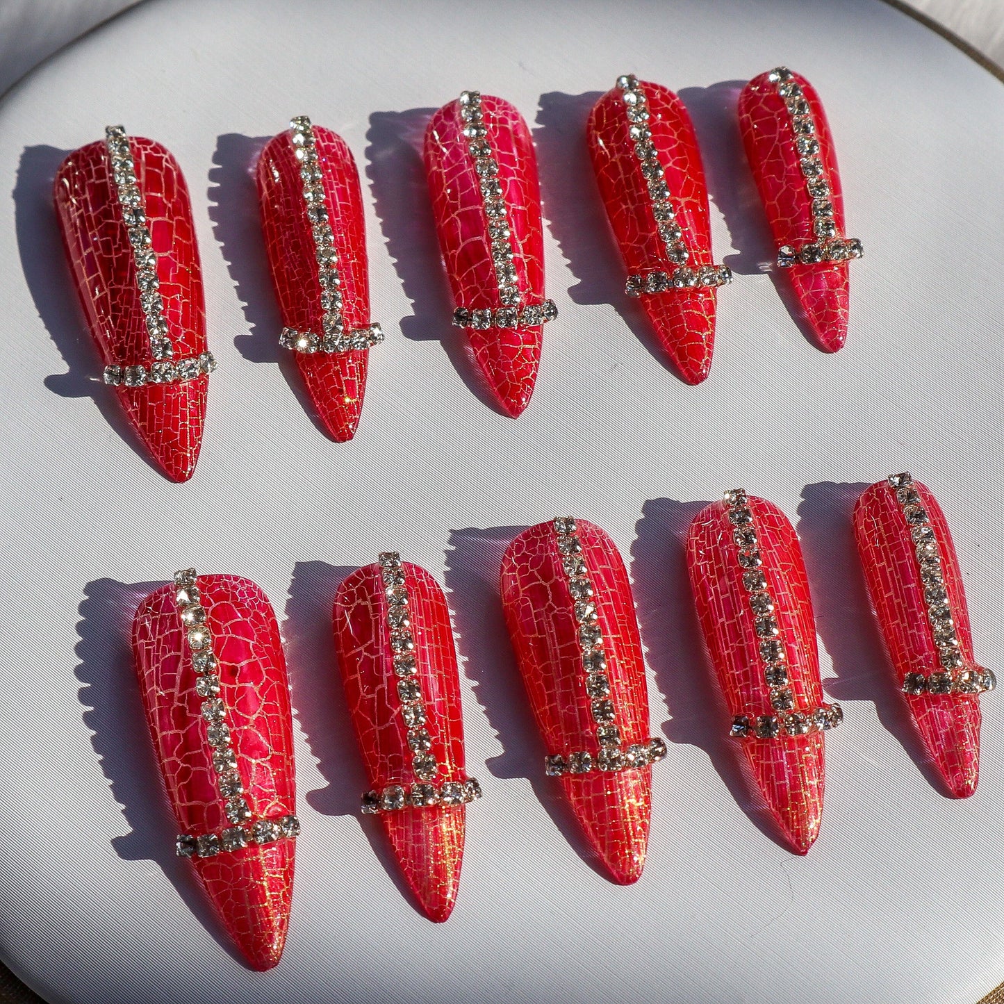 Designer: XinXin 66.Red rhinestones almond handmade nails Press on Nails DIY Nail