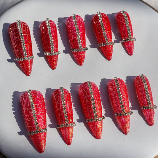 Designer: XinXin 66.Red rhinestones almond handmade nails Press on Nails DIY Nail