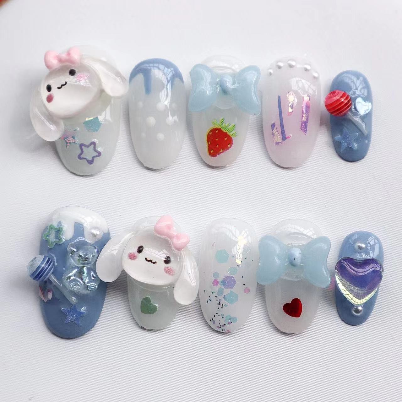 90-94.BabyCinnamoroll pink blue handmade nails Press on Nails DIY Nail Art 91 92 93