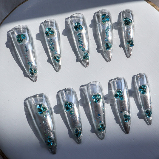 Designer: XinXin 68.Silver rhinestones almond handmade nails Press on Nails DIY Nail