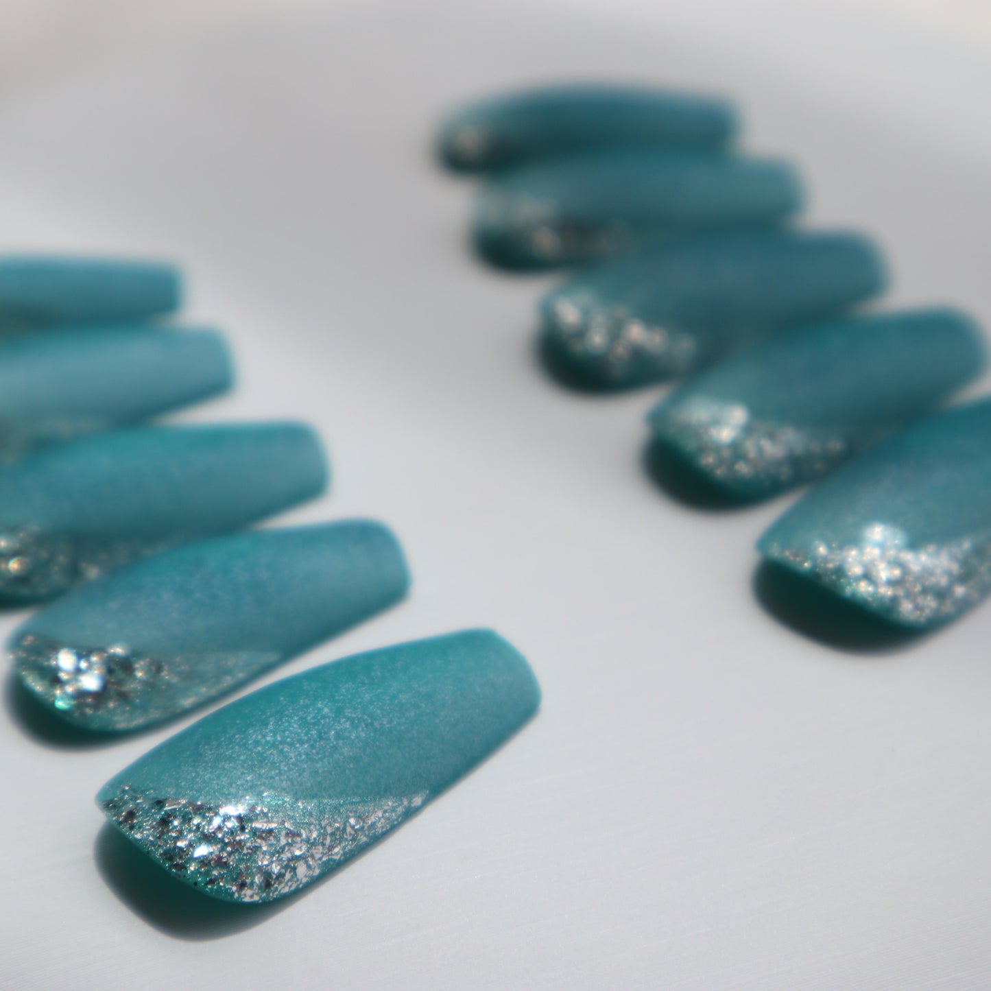 Designer: XinXin 14. Peacock green shining handmade nails Press on Nails DIY Nail Art