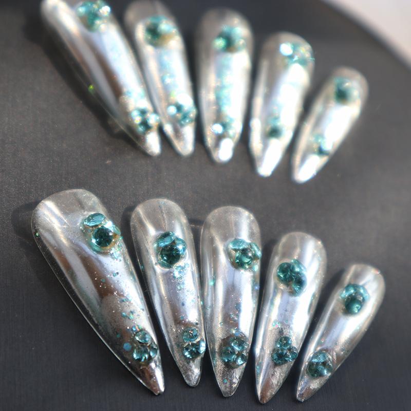 Designer: XinXin 68.Silver rhinestones almond handmade nails Press on Nails DIY Nail