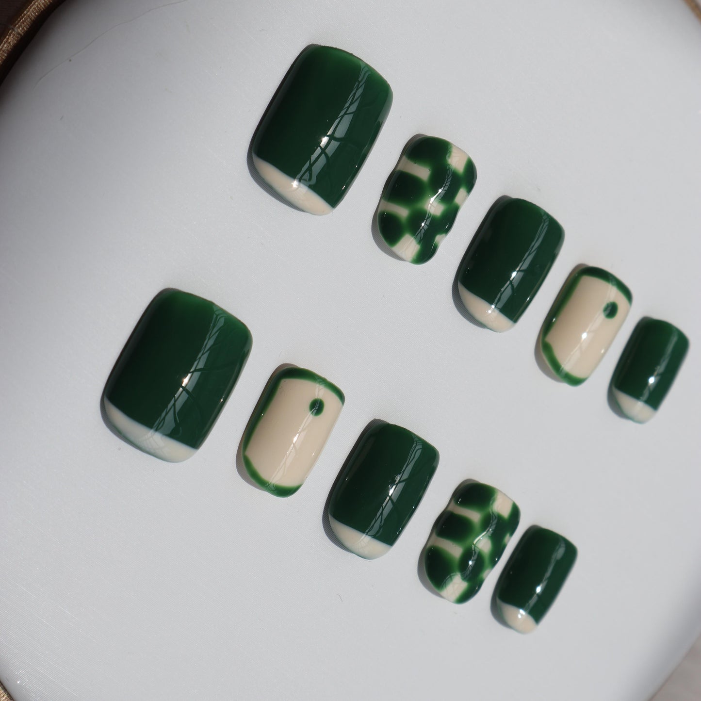 Designer: XinXin 6. Green white checkered short square handmade nails