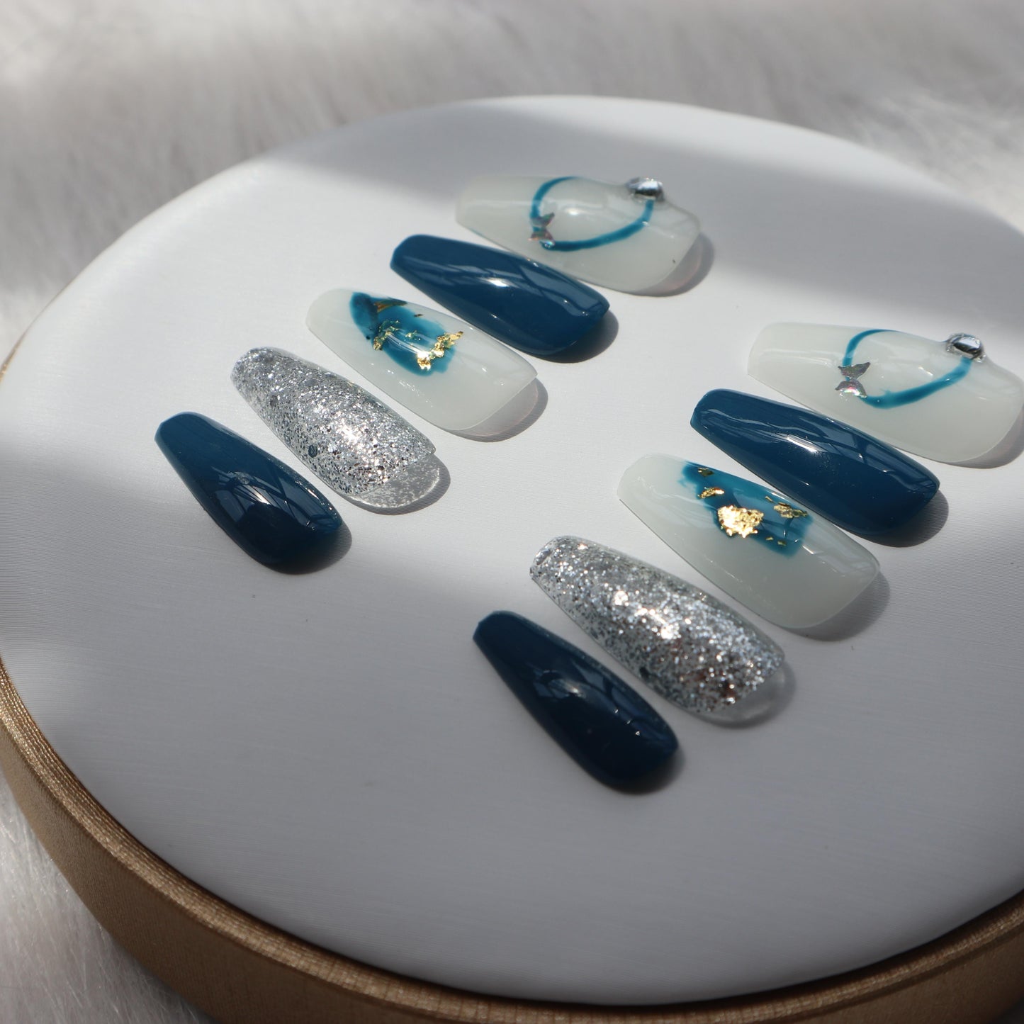 Designer: XinXin 16. Paiting blue shining gold foil handmade nails Press on Nails DIY Nail Art