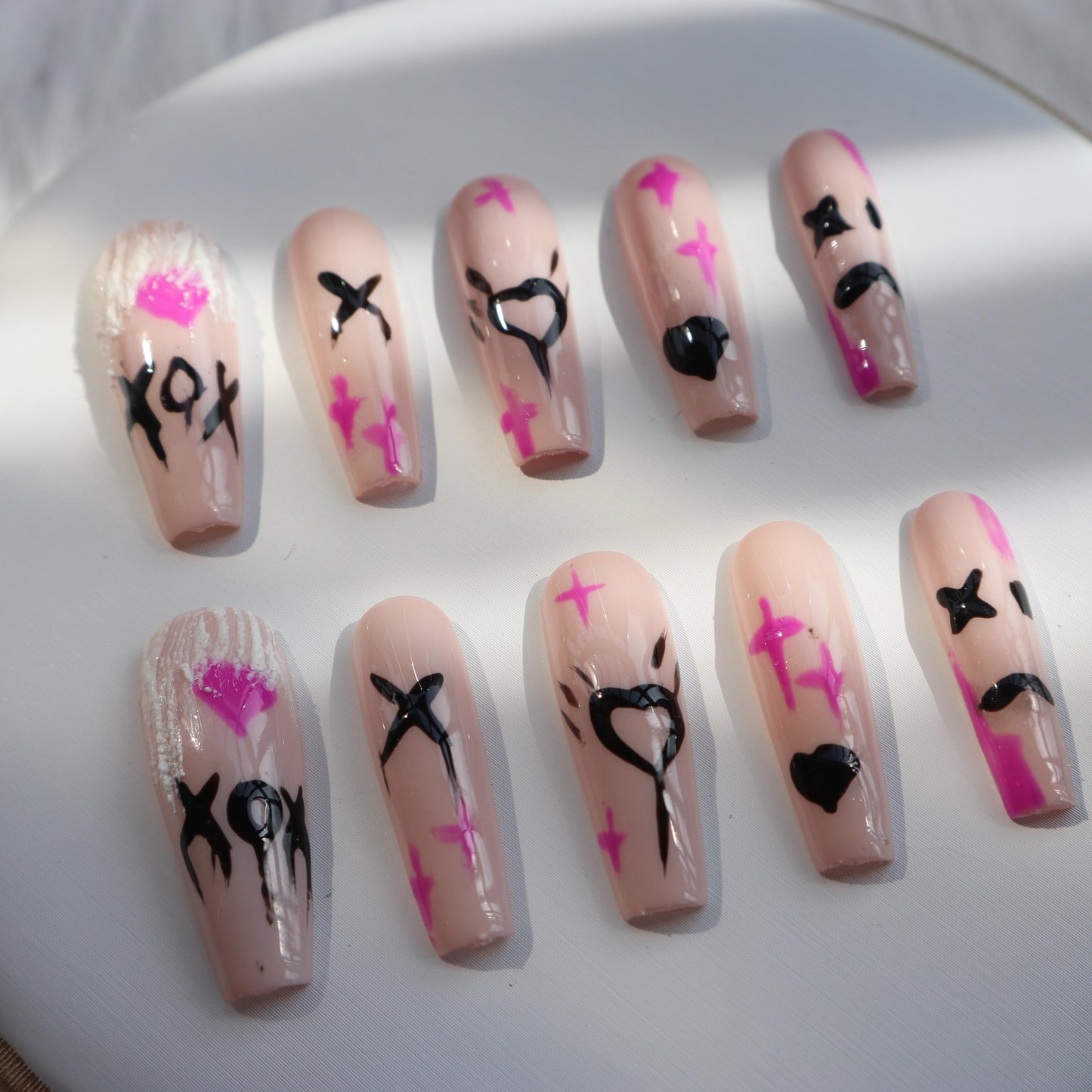 Designer: XinXin 61.Pink painting long T handmade nails Press on Nails DIY Nail