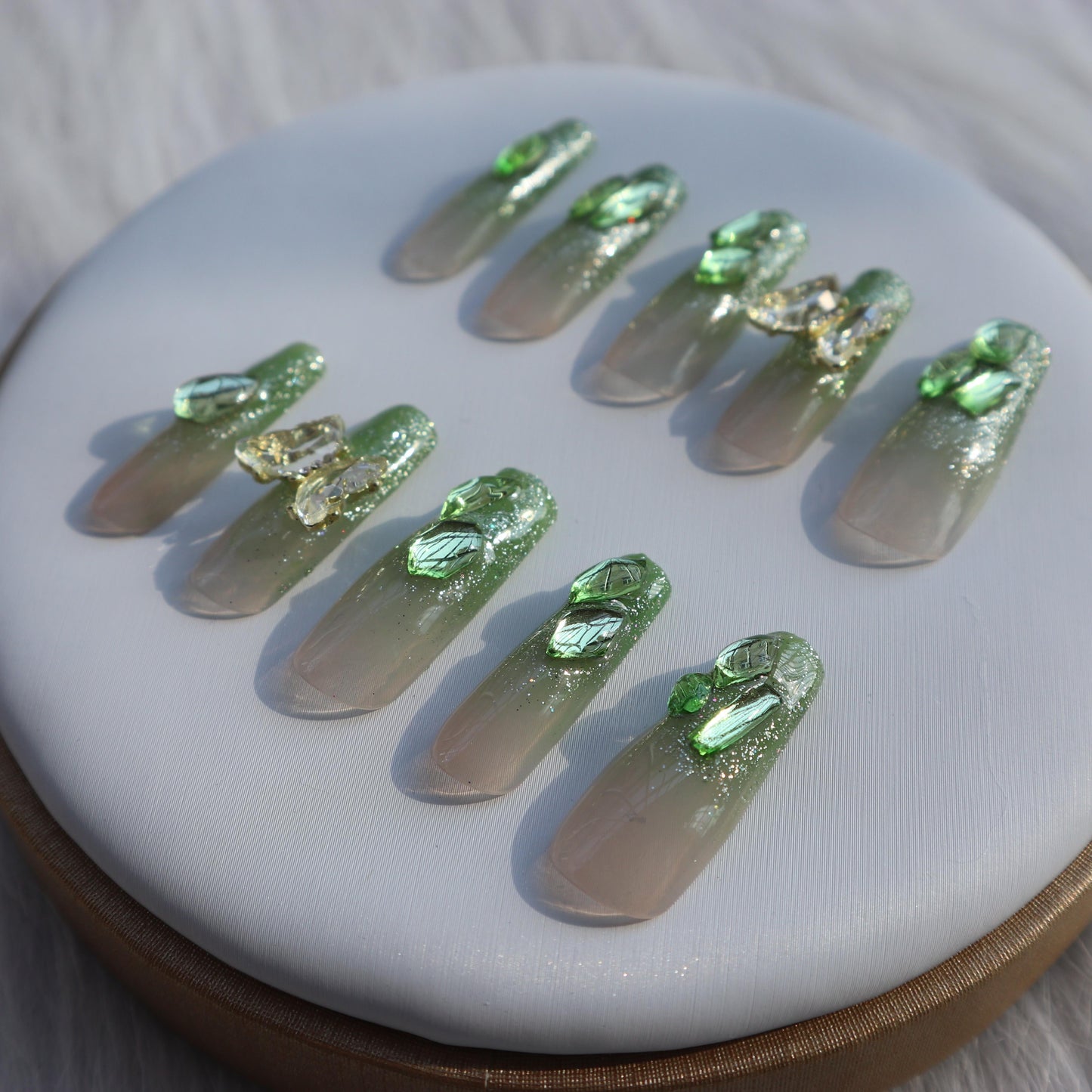 Designer: XinXin 72.Green Shining long T handmade nails Press on Nails DIY Nail