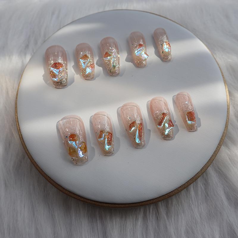 Designer: XinXin 62.Pink painting long T handmade nails Press on Nails DIY Nail