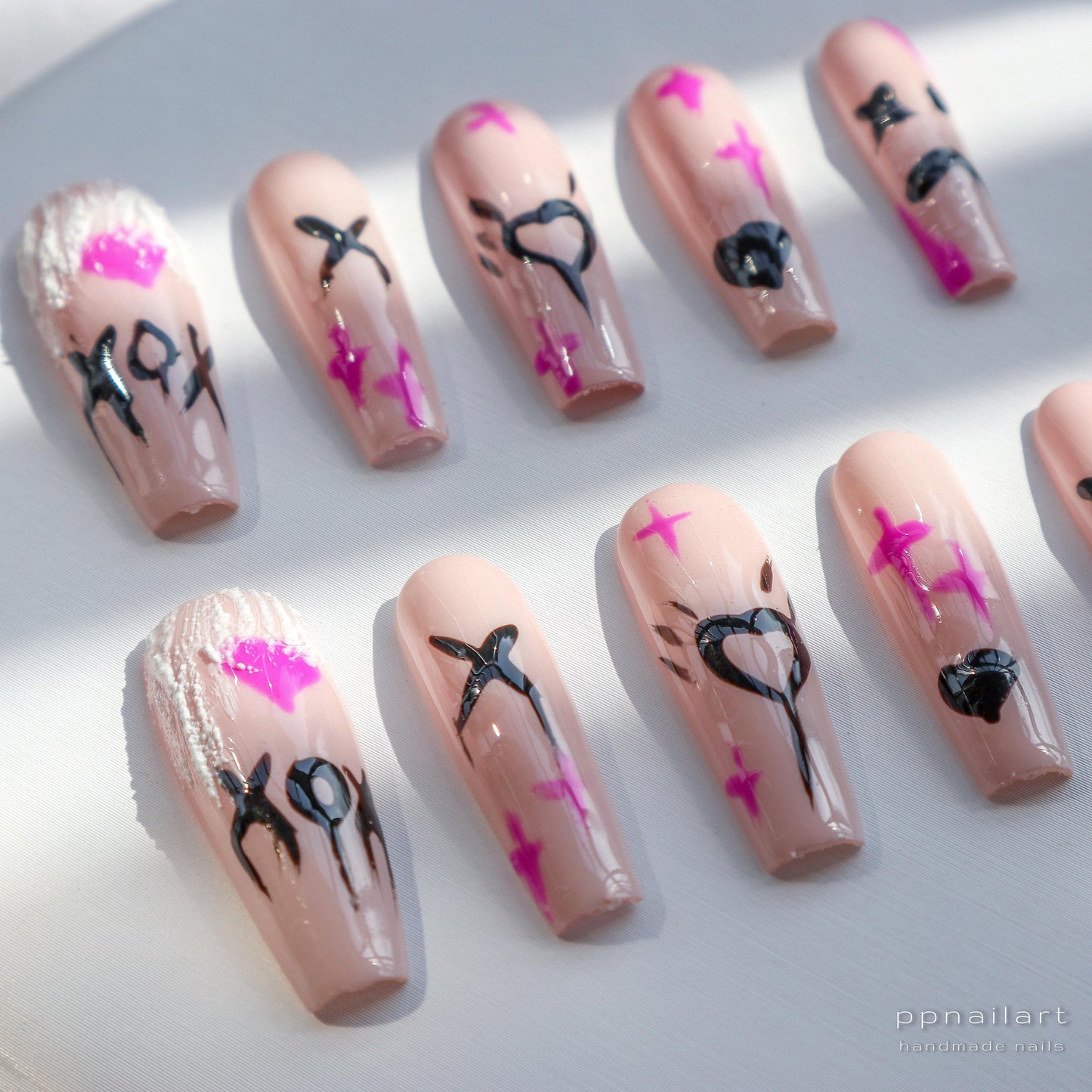 Designer: XinXin 61.Pink painting long T handmade nails Press on Nails DIY Nail