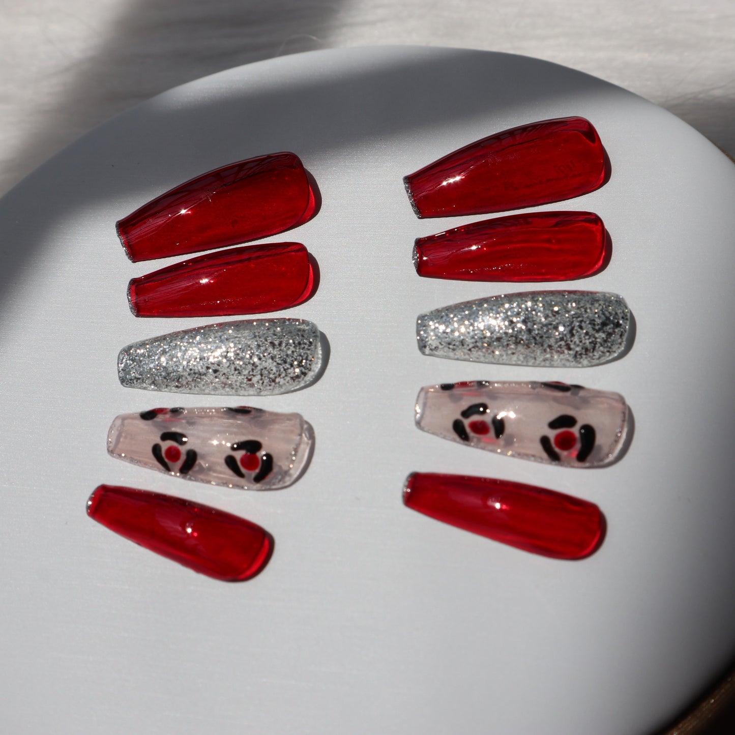 Designer: XinXin 1. Red flower Handmade transparent long T handmade nails Press on Nails DIY Nail Art Long Coffin