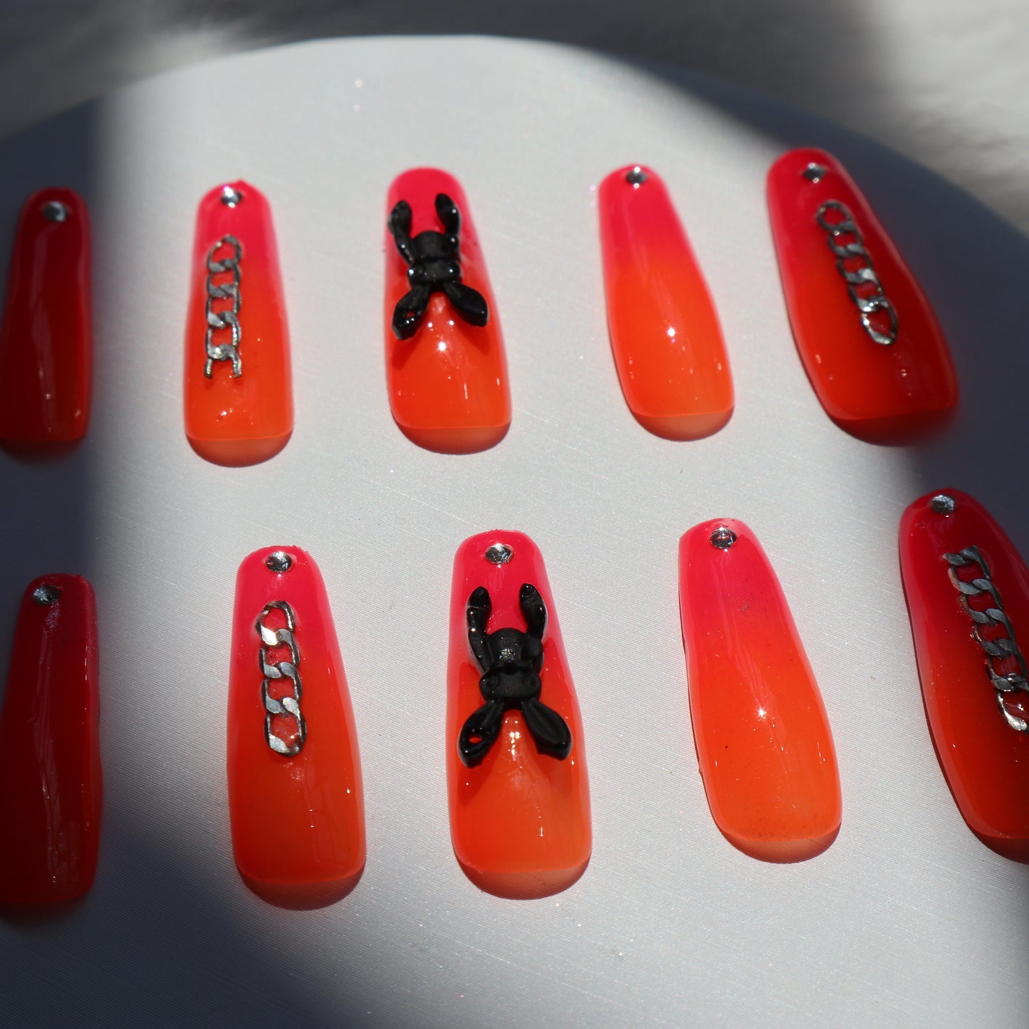 Designer: XinXin 82.Fluorescent orange  bunny rhinestone long T handmade nails Press on Nails DIY Nail