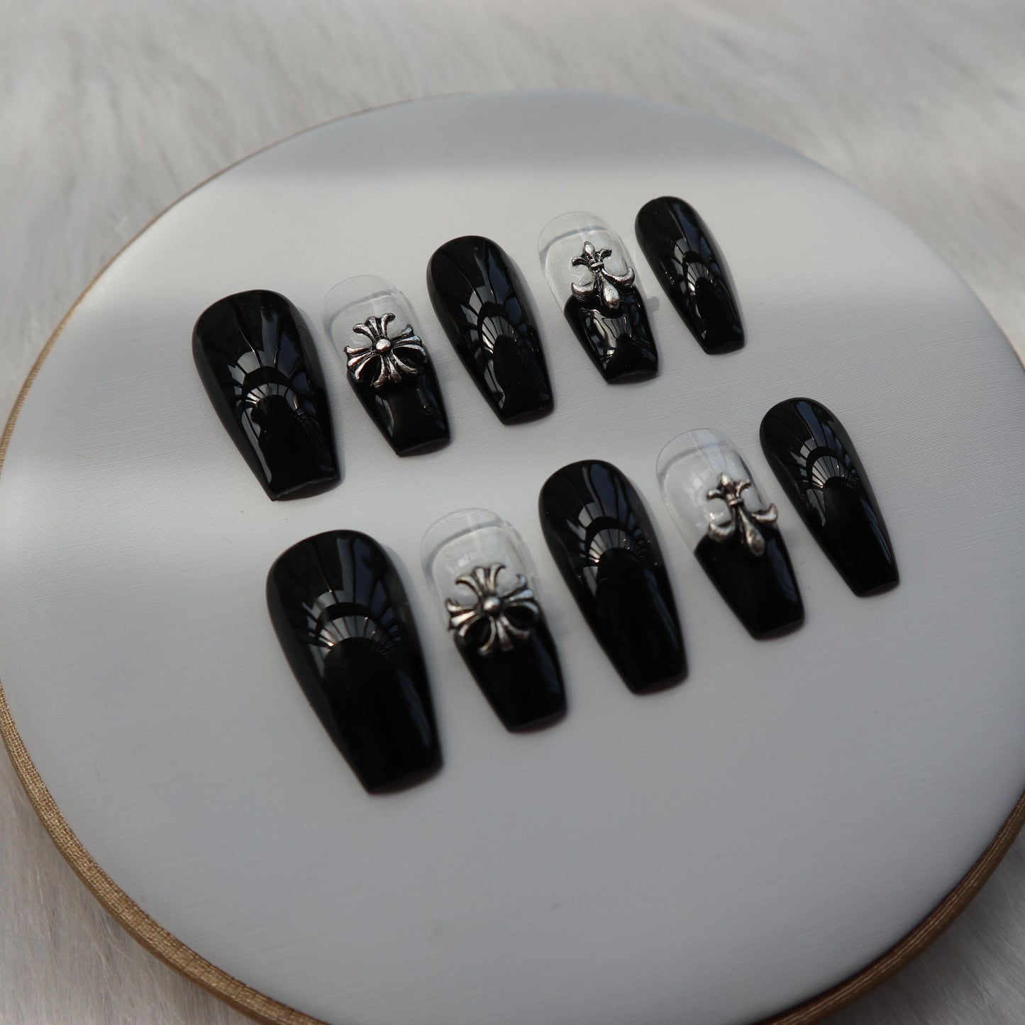 Designer: XinXin 26. Goth Black transparentChrome cross handmade nails Press on Nails DIY Nail Art