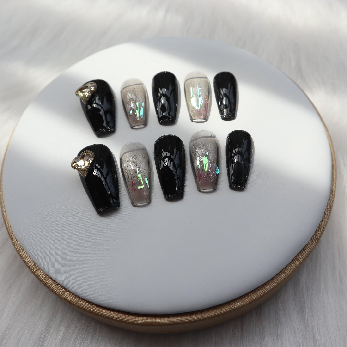 Designer: XinXin 30.Black gold foil heart handmade nails Press on Nails DIY Nail Art