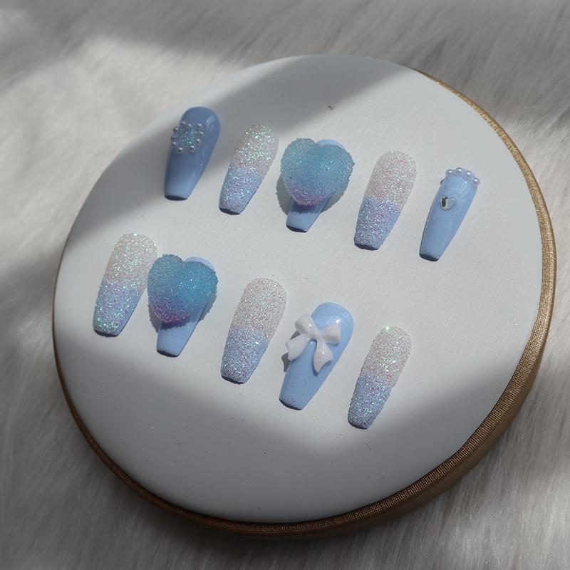 Designer: XinXin 41.Blue frosted heart bow-knot handmade nails Press on Nails DIY Nail Art