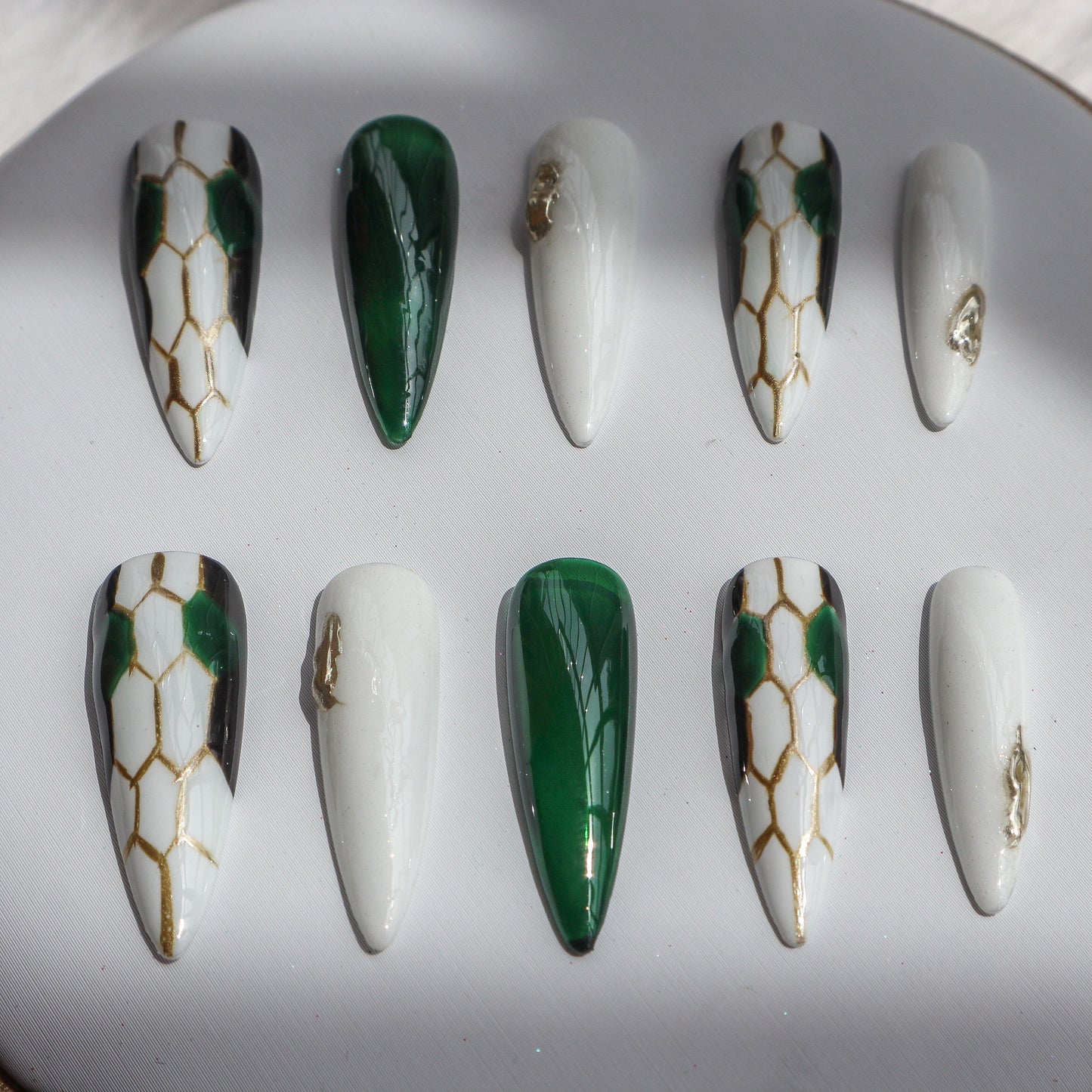 Designer: XinXin 23. Snake pattern green almond handmade nails Press on Nails DIY Nail Art