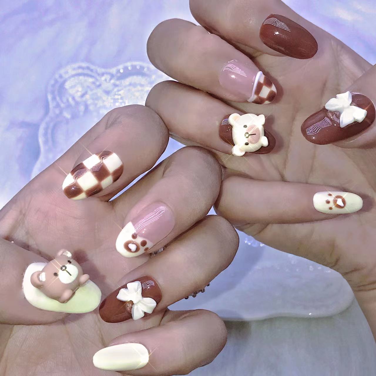 Designer: XinXin 98.Teddy Bear cute handmade nails Press on Nails DIY Nail Art