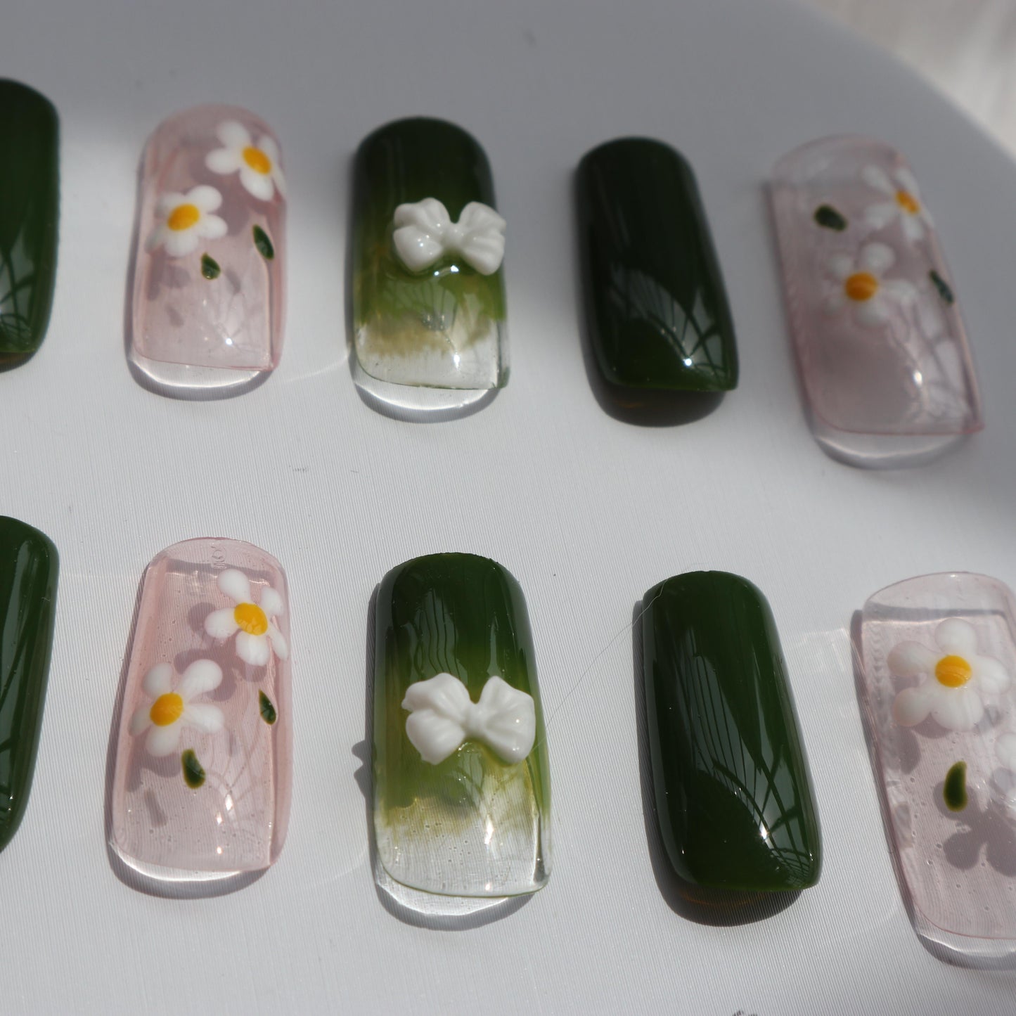 Designer: XinXin 7. Green Pink flowers long handmade nails