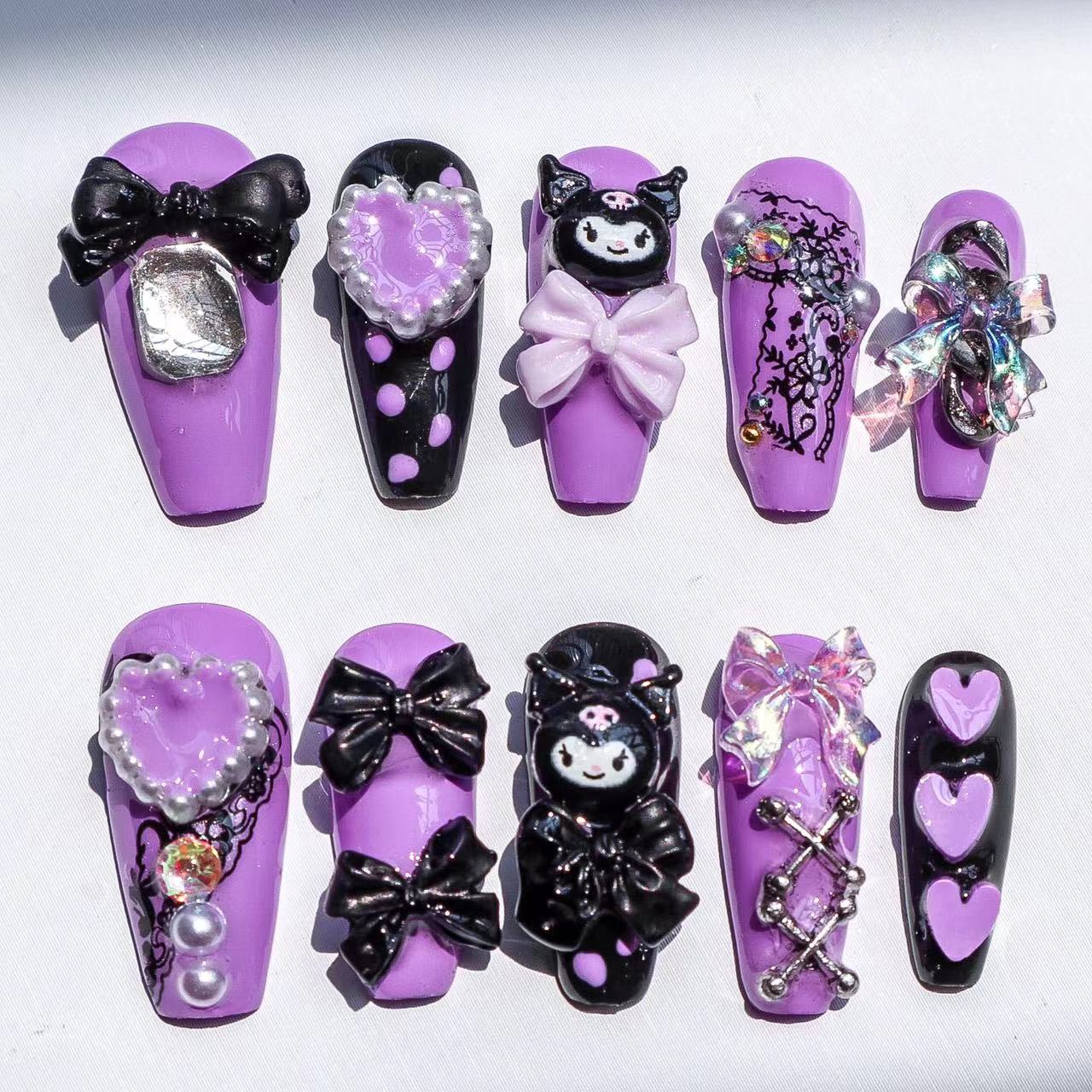 Designer: XinXin 86-88. Kuromi pink purple black handmade nails Press on Nails DIY Nail Art 87