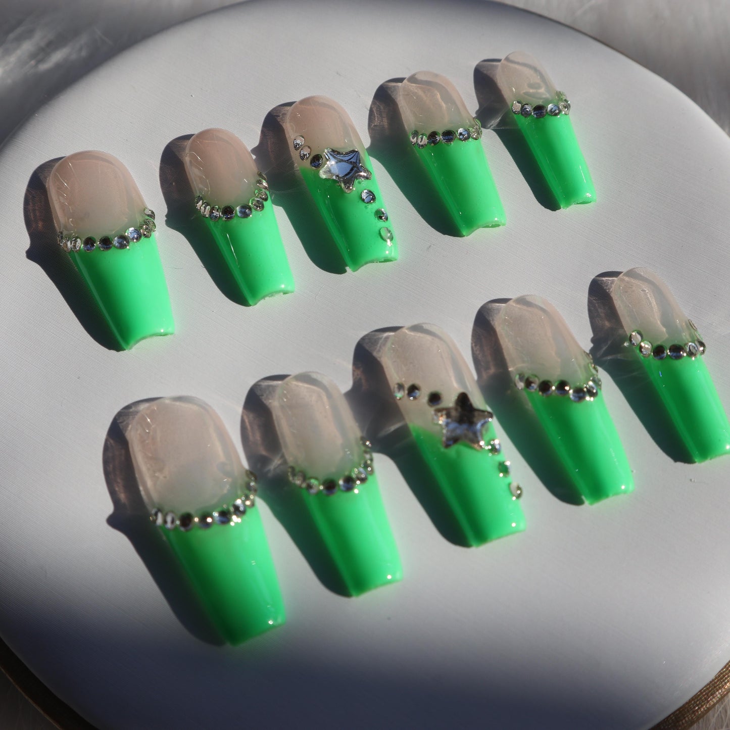 Designer: XinXin 85.Pink Green rhinestone star long T handmade nails Press on Nails DIY Nail