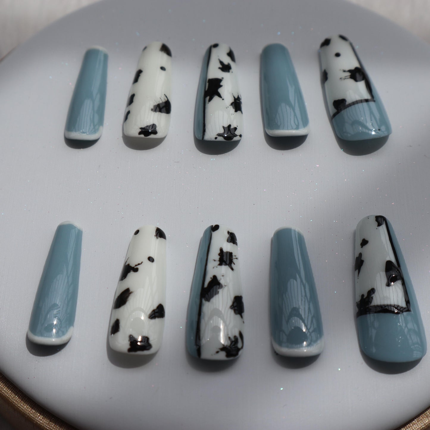 Designer: XinXin 18. Blue white cow pattern painting Long T  handmade nails Press on Nails DIY Nail Art