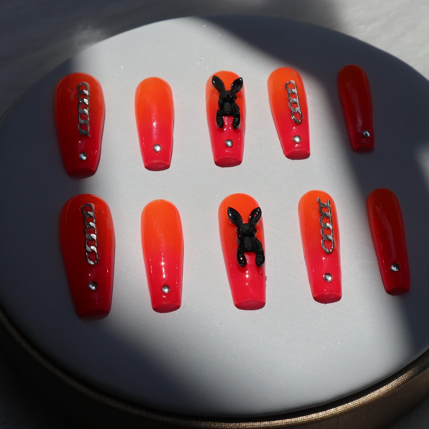 Designer: XinXin 82.Fluorescent orange  bunny rhinestone long T handmade nails Press on Nails DIY Nail