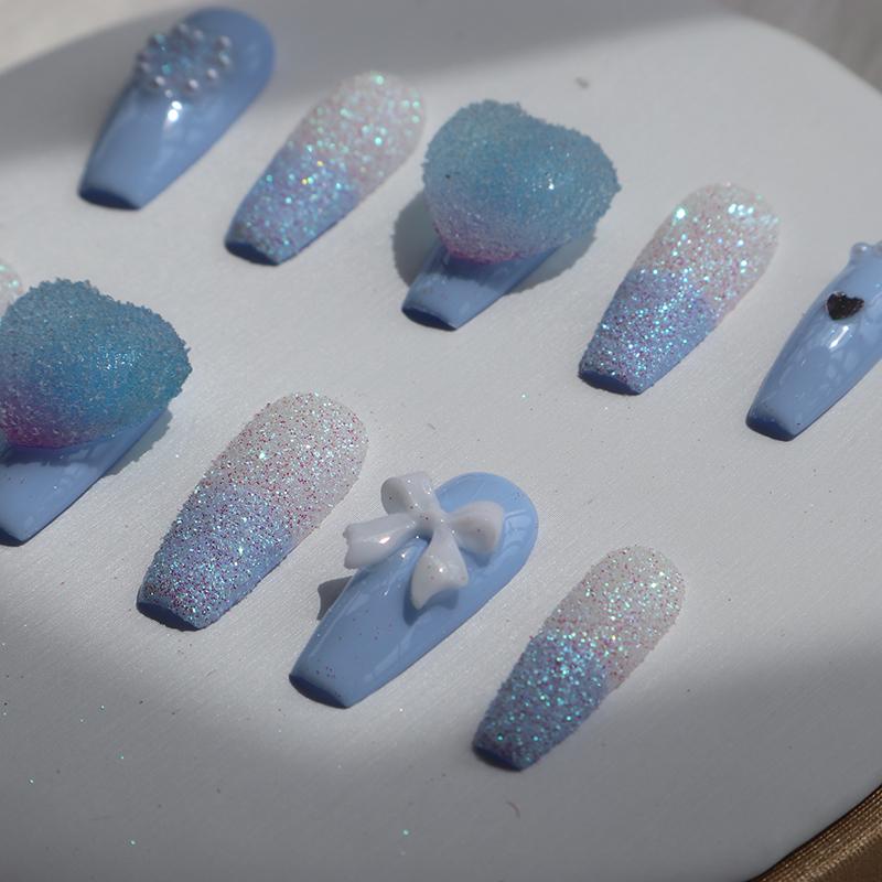 Designer: XinXin 41.Blue frosted heart bow-knot handmade nails Press on Nails DIY Nail Art